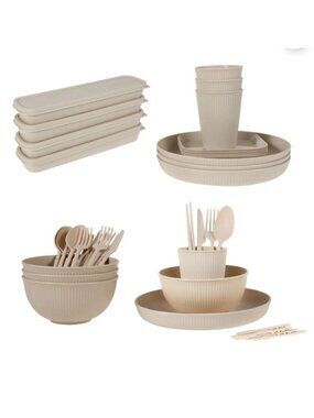 48-Piece Beige Wheat Straw Dinnerware Set Plates Bowls Cups Cutlery & Food Cont